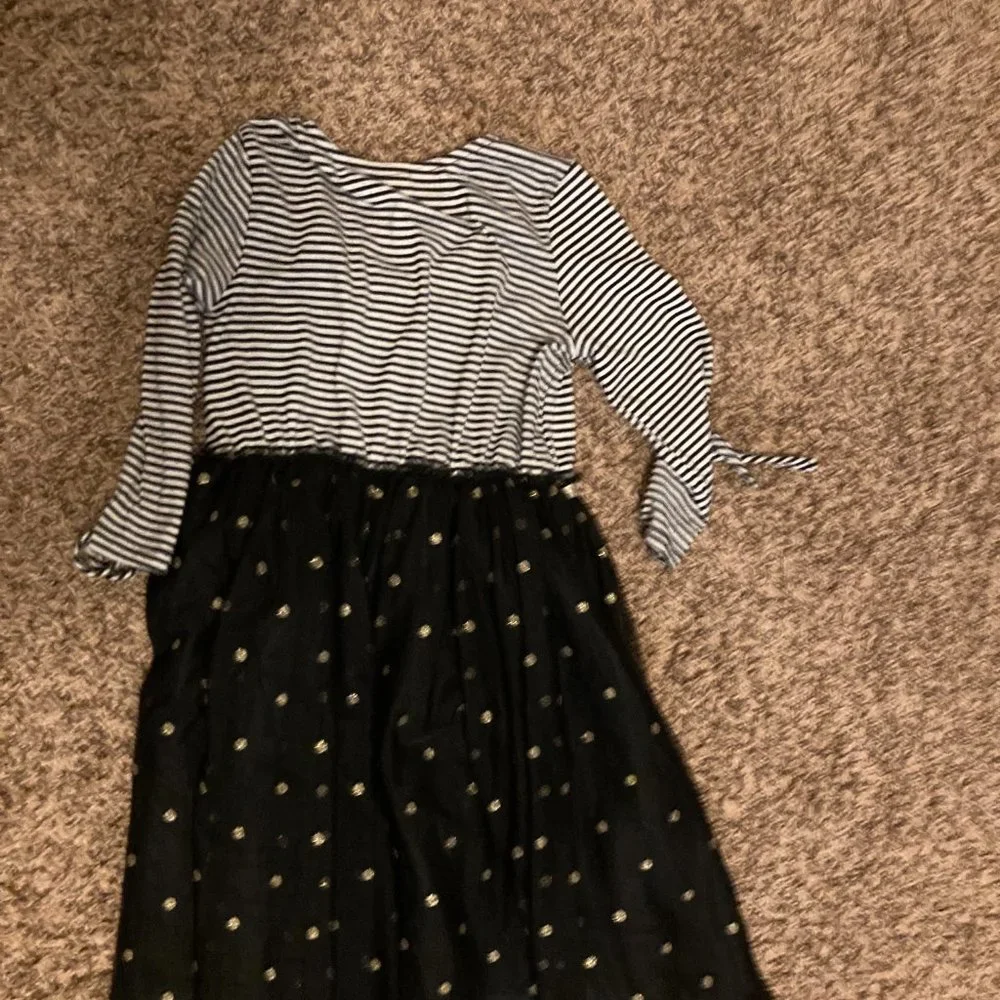 Justice Black and White Striped Dress with Tulle Polka Dot Skirt 10 Long Sleeves
